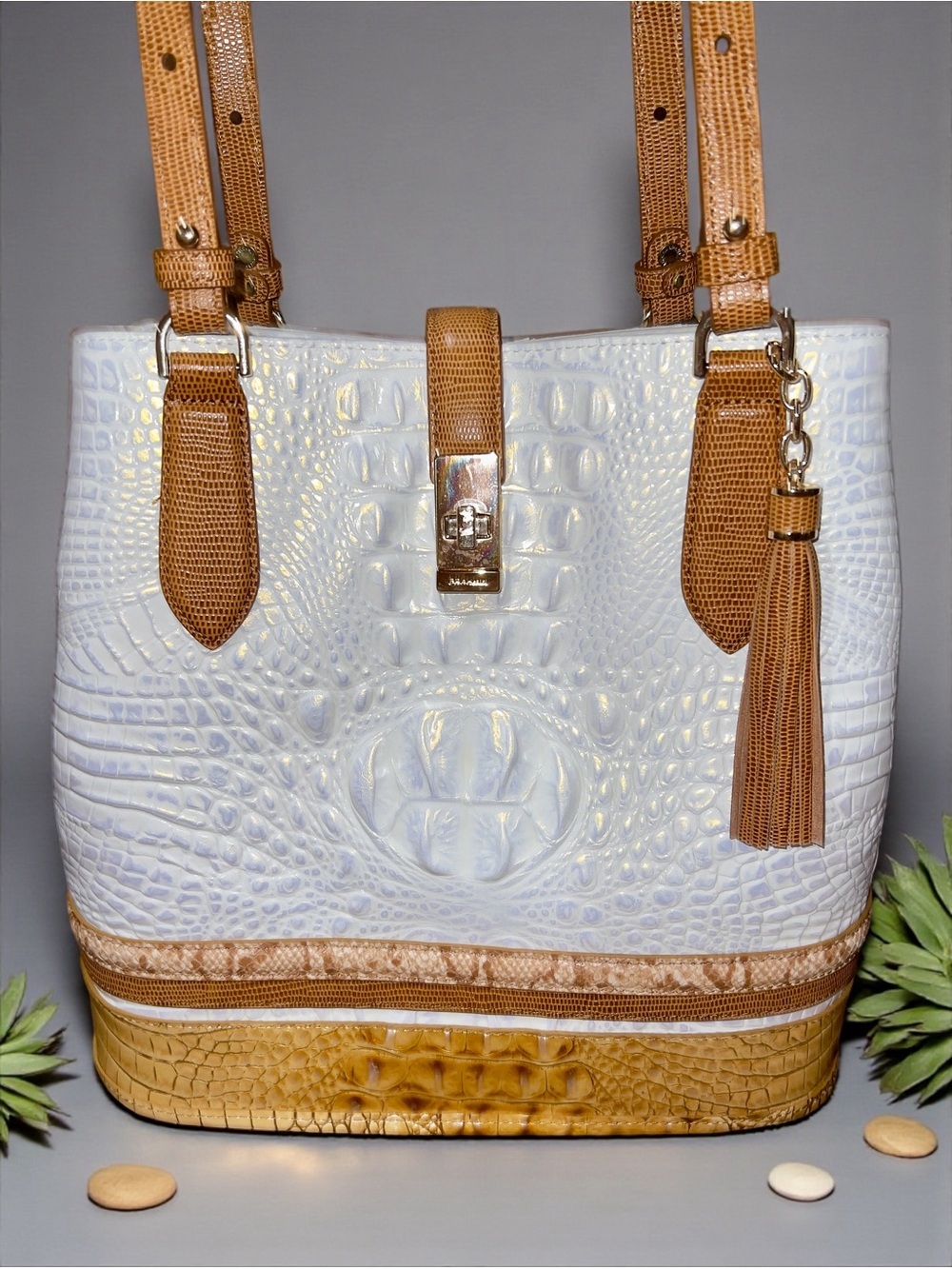 Brahmin Leather FIORA Shoulder Bag, Dune Alamosa - Croco, Snake, Lizard Embossed